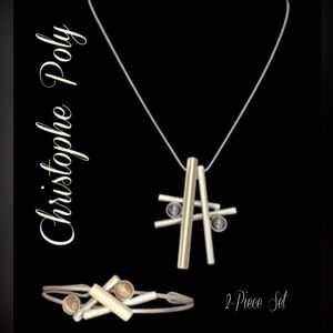 CHRISTOPHE POLY Modernist Mixed Metal Cats Eye Stones Cuff Bracelet and Necklace